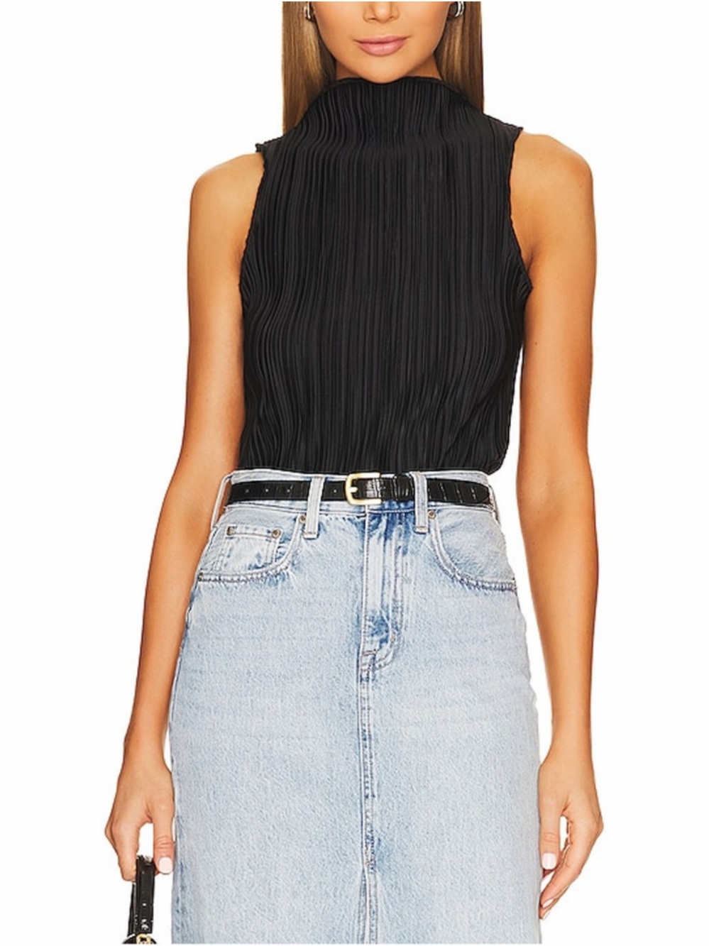 Anine Bing Rondi Black Pleated Mock-Neck Top